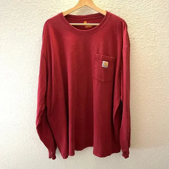 Carhartt K126 Long Sleeve T-Shirt XL Burgundy Workwear Cotton Heavyweight Pocket - Picture 3 of 9